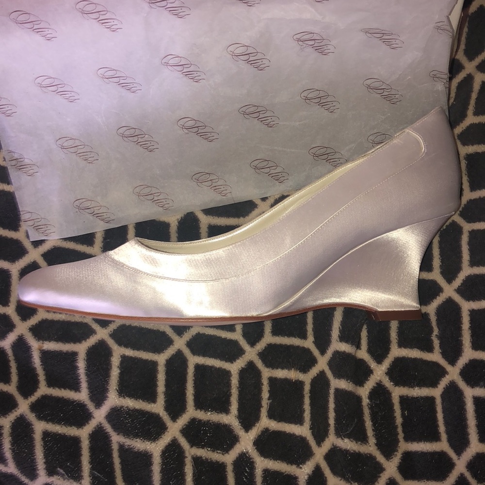Bliss white satin wedding wedges